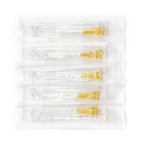 100 Pack 25 Gauge 1.5 Inch Luer Lock Needles For Lab Use Pro Grade Stainless Steel, Individually Wrapped, stacked in sterile packaging