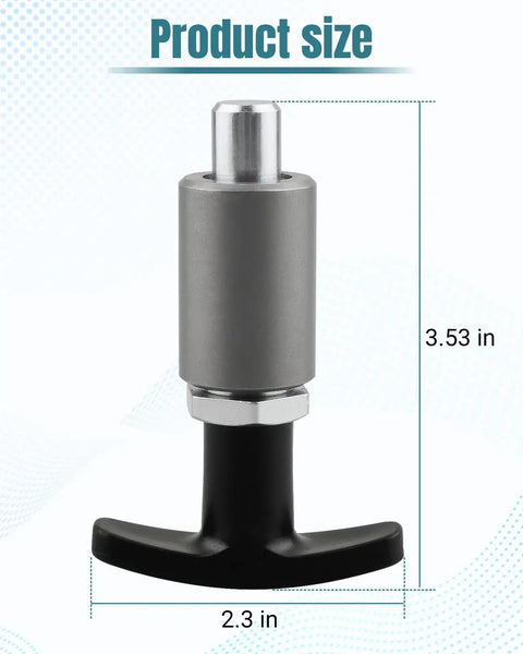 Hard Core Heavy Duty Quick Release Spring Loaded Pull Pin With Super Grip T Handle Knob, 3.53 in height, 2.3 in width.
