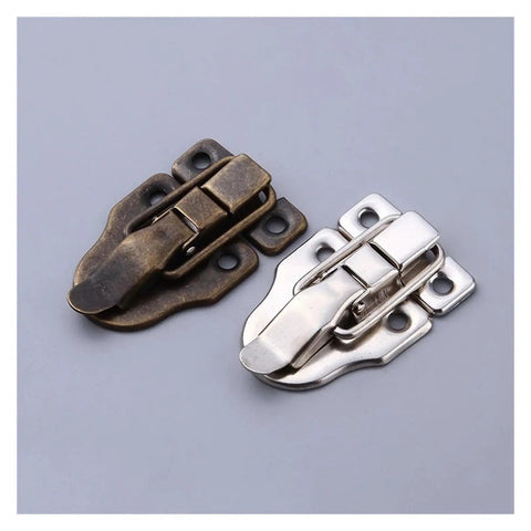 Four Pack Vintage Iron Toggle Hasp Latches with Screws for Rustic Cabinets and Small Furniture in brass and silver finish.