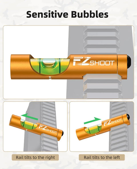 Scope Leveling Kit With High Precision Bubble Level And Universal Magnetic Level on tilted rifle rail, gold finish.