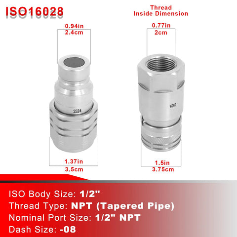 Two silver 1/2 in NPT ISO 16028 flat-face hydraulic quick-connect fittings with dust caps.