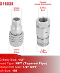 Front view of two silver 1/2 in NPT flat-face hydraulic quick-connect couplers with dust covers