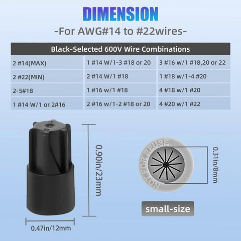 Diagram of 50 Pack Waterproof Wire Nut Connectors Set For Outdoor Lighting And Irrigation Valves shown with dimensions and wire compatibility