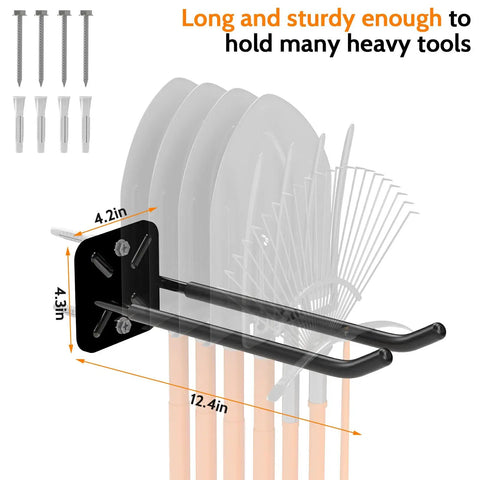4 Pack Heavy Duty Garage Hooks 12.4 Inch Long, Alloy Steel Wall Mount Storage Hooks, 120 Lb Capacity, with included mounting hardware.