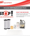 Genuine OEM replacement parts displayed with filters and oil for air compressors