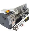 Precision Benchtop Metal And Wood Lathe Machine With 1100 Watt Brushless Motor Variable Speed Control tools and accessories laid out.