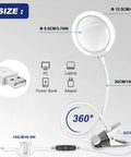 Magnifying Glass With Light And Stand 3X Magnifier Lens with dimensions and USB power options