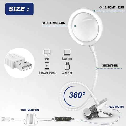 Magnifying Glass With Light And Stand 3X Magnifier Lens with dimensions and USB power options