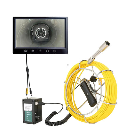 Heavy Duty Industrial Borescope Camera With 9 Inch Monitor And 12 Leds For Drain And Sewer Lines with yellow cable reel.
