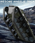 All Terrain Army RC Tank showcasing wheelie trick on rocky terrain, highlighting 4WD Rock Crawler, 360 Rotating Drifting.
