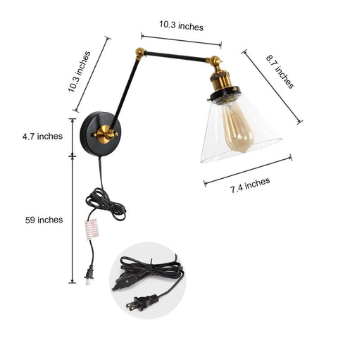 Black And Gold Glass Swing Arm Wall Sconce, Adjustable Plug In Or Hardwired Wall Lamp, Dope Steel Frame, Modern Industrial Wall Light Fixture For Living Room, Bedroom, Hallway, And Den