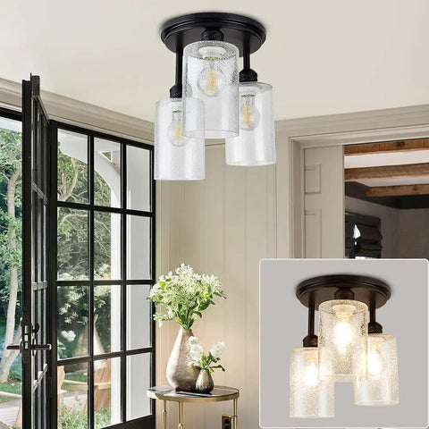 Semi Flush Mount Ceiling Light With Farmhouse Vibe And Seeded Glass, 3-Light Chandelier Fixture in black finish in dining room