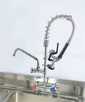 Wall Mount Commercial Sink Faucet With Sprayer, 4 To 8 Inch Adjustable Center, 25 Inch Height, 8 Inch Add On Spout