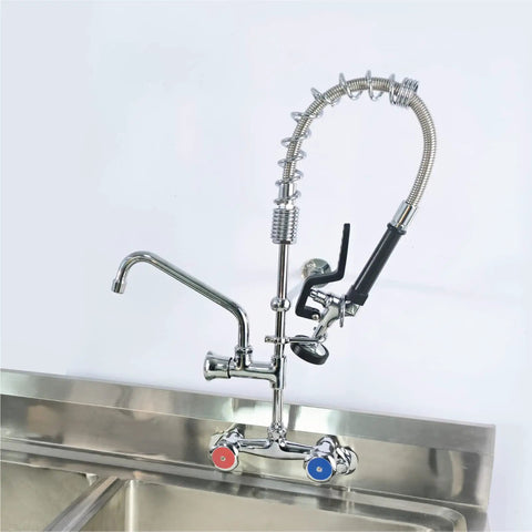 Wall Mount Commercial Sink Faucet With Sprayer, 4 To 8 Inch Adjustable Center, 25 Inch Height, 8 Inch Add On Spout