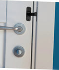 Four Pack Heavy Duty Sliding Door Lock With A Rock Solid 90 Degree Lever and Built Tough Construction on a white door.