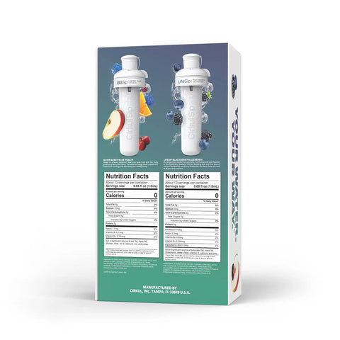 Back view of flavor cartridges for 32 Ounce Chameleon Stainless Steel Water Bottle Starter Kit With Green Lid, nutrition facts visible.