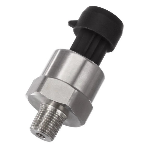 Angled side view of stainless steel 200 psi pressure transducer with 1/8-27 NPT male thread and black connector.