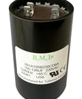 105-126 MFD 220V Beefy Motor Start Capacitor for Well Pump Control Boxes, black casing, 3.35 x 2.15 inches, made by BMI, USA.