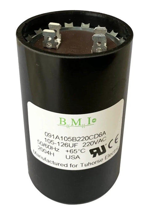 105-126 MFD 220V Beefy Motor Start Capacitor for Well Pump Control Boxes, black casing, 3.35 x 2.15 inches, made by BMI, USA.