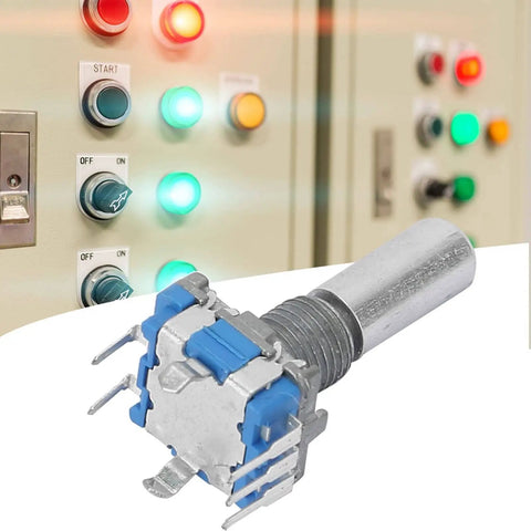 Dope EC11 Rotary Encoder Switch with five pin interface, shown next to control panel, for Arduino and Raspberry Pi projects.