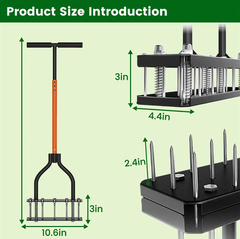 Manual Lawn Aerator Tool With 15 Iron Spikes And Adjustable Height Double Layer Spring product dimensions illustration