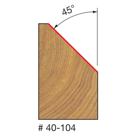 Wooden piece with 45-degree angle marked, illustrating the cut produced by Carbide Chamfer Router Bit, 45 Degree Cutting Angle.