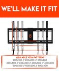 Ultra Slim TV Wall Mount For 32 To 80 Inch Flat Screens With Razor Thin 1.25 Inch Clearance and VESA patterns shown.