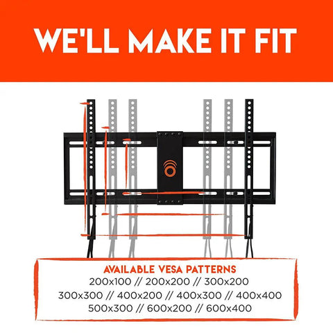Ultra Slim TV Wall Mount For 32 To 80 Inch Flat Screens With Razor Thin 1.25 Inch Clearance and VESA patterns shown.