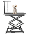 Sturdy Scissor Lift Table With Remote Control Adjustable Platform Handles 180 Lbs for Easy Material Transport In Factories Warehouses And Cold Storage with a small dog on top.