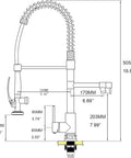 Dimensions diagram of Boss Level Heavy Duty Commercial Style Kitchen Sink Faucet with Single Handle Pre Rinse Sprayer in Matte Black