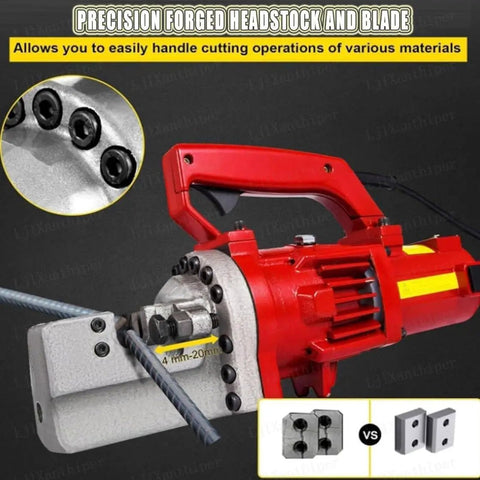 1250W Portable Electric Hydraulic Rebar Bender And Cutter Machine With Stainless Steel Case, close-up view of cutting head with rebar.