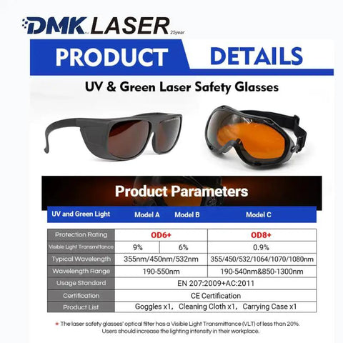 Heavy Duty Kickass Laser Safety Glasses Built Different With Od6 Plus And Od8 Plus Lens Protection For Industrial Engraving Welding Cutting And Ipl Work - black and orange lenses displayed side by side.