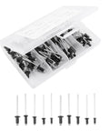 Aluminum Blind Rivets Kit 120 Piece Set In Black With M2.4 M3.2 M4 Sizes in a transparent case, smooth finish and standard head.