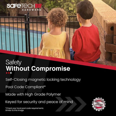 Heavy Duty Magnetic Top Pull Pool Gate Latch 2 Pack Lockable Safety Latch For Vinyl And Aluminum Gates on a poolside fence.
