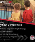 Two children sitting by pool secured by Magnetic Top Pull Pool Gate Latch 10 Inch Key Lockable Built Tough Vertical Self Locking Safety Gate Latch