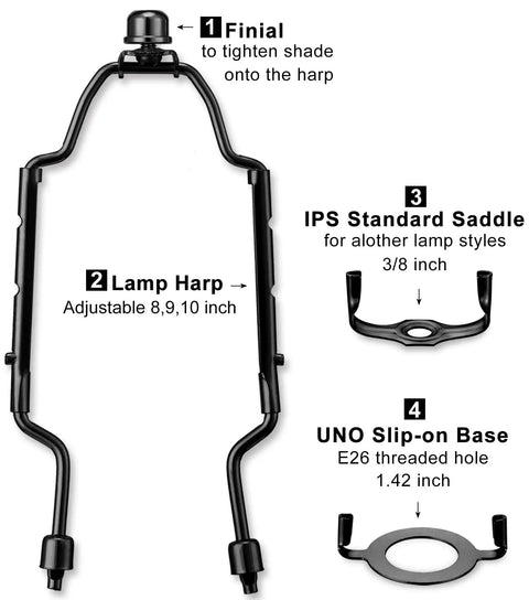 Badass Adjustable Lamp Shade Harp Kit For Table And Floor Lamps Heavy Duty Metal Holder with Finial, adjustable height parts shown.