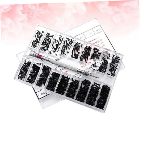 Straight Up Solid Black Screw Assortment Kit Featuring Portable Countersunk Round Head Fasteners For Glasses Watch Repair And Precision DIY Toolcases, includes 18 assorted black flat head screws.