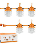 Industrial Grade 50Ft LED Construction String Lights Linkable IP65 Outdoor Work Lighting 5000K Daylight Bright 7500 Lumens Total For Job Sites Renovation And Temporary Construction Five Bulbs With Hook laid out with packaging