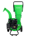 Beast Mode Gas Powered Wood Chipper Shredder Mulcher with 20 To 1 Reduction Ratio front view, green housing and engine visible