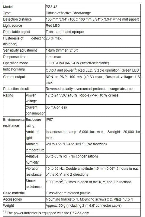 Specifications sheet for Keyence PZ2-42 Diffuse Reflective Short Range Photoelectric Sensor With Red LED Detects Transparent And Opaque Targets 100 mm Range New In Box Ready To Install Must Have