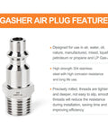 GASHER 304 stainless steel air plug, 1/4 NPT male, high-flow pneumatic plug.