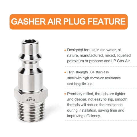 GASHER 304 stainless steel air plug, 1/4 NPT male, high-flow pneumatic plug.