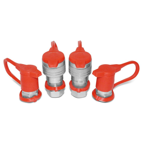 Summit Hydraulics 3/8in ISO 5675 Pioneer-style hydraulic quick-connect couplers with red caps, front view, set of four