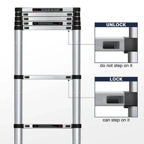 No Fuss Collapsible Aluminum Telescoping Ladder 10.5 Ft With Locking System showing lock mechanism details