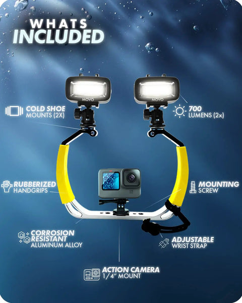 DiveRig1 XL Diving Rig Bundle with aluminum tray, dual LED lights, rubber grips, cold shoe mounts, and action cam mount.