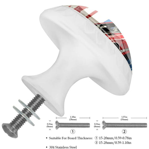 Close-up of Vintage Racing Car Pattern Glass Cabinet Knob Set Four Pack Round Glass Drawer Pulls side view with screws