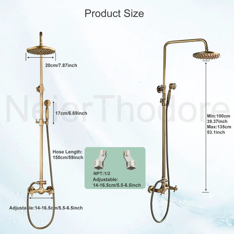 Antique Brass 8 Inch Rain Shower System With Handheld Spray And Dual Knob Mixing Valve All In One Shower Faucet Set