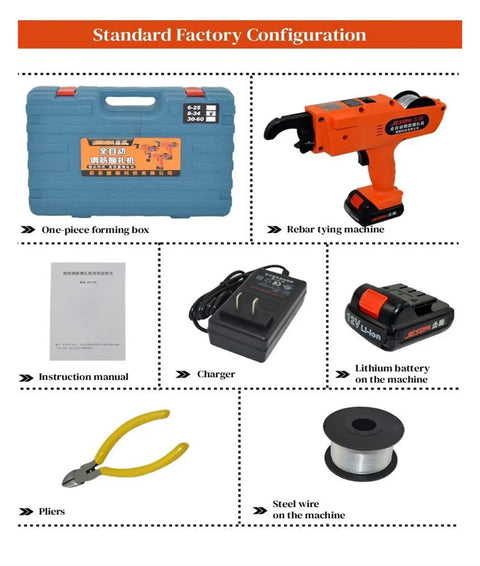 Cordless 12V Lithium Rebar Tying Tool With Adjustable Tie Wire Length From 300 To 500 mm and accessories including case, charger, and pliers.
