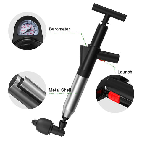 Air Powered Toilet Clog Remover Kit With Four Replaceable Heads And Visual Barometer High Pressure Air Unclogger diagram