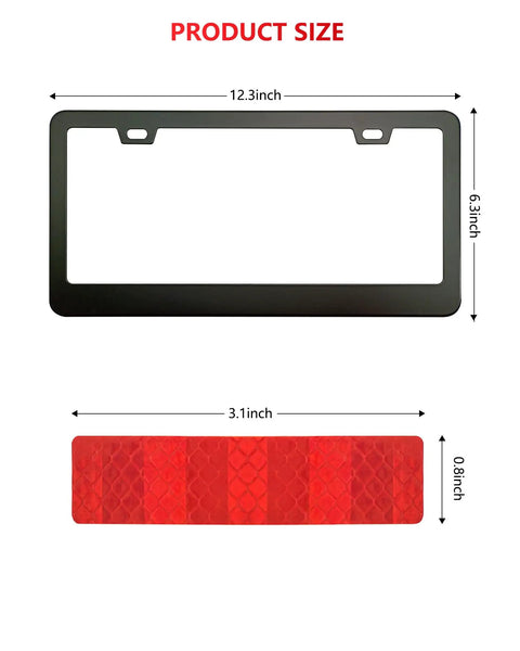 Two Pack Black Aluminum License Plate Frames For Cars with product dimensions, includes reflective stickers